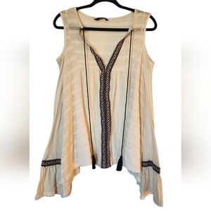 Zaful Cold Shoulder Cream Shirt Top with Black Accents Boho Design, Size Small